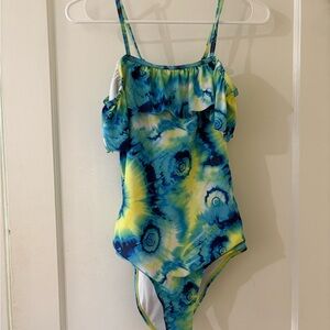 Tie-Dye Blue & Yellow Ruffle One-Piece Swimsuit